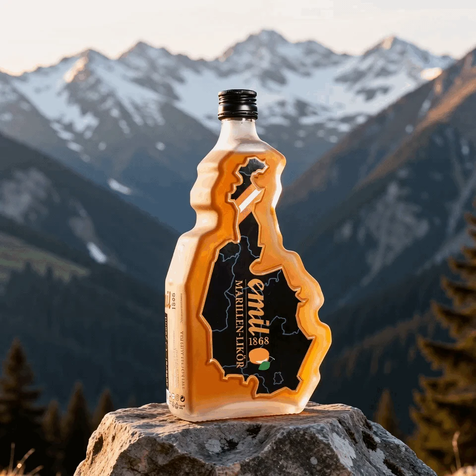 EMIL apricot liqueur rotating in front of an Austrian mountain landscape.