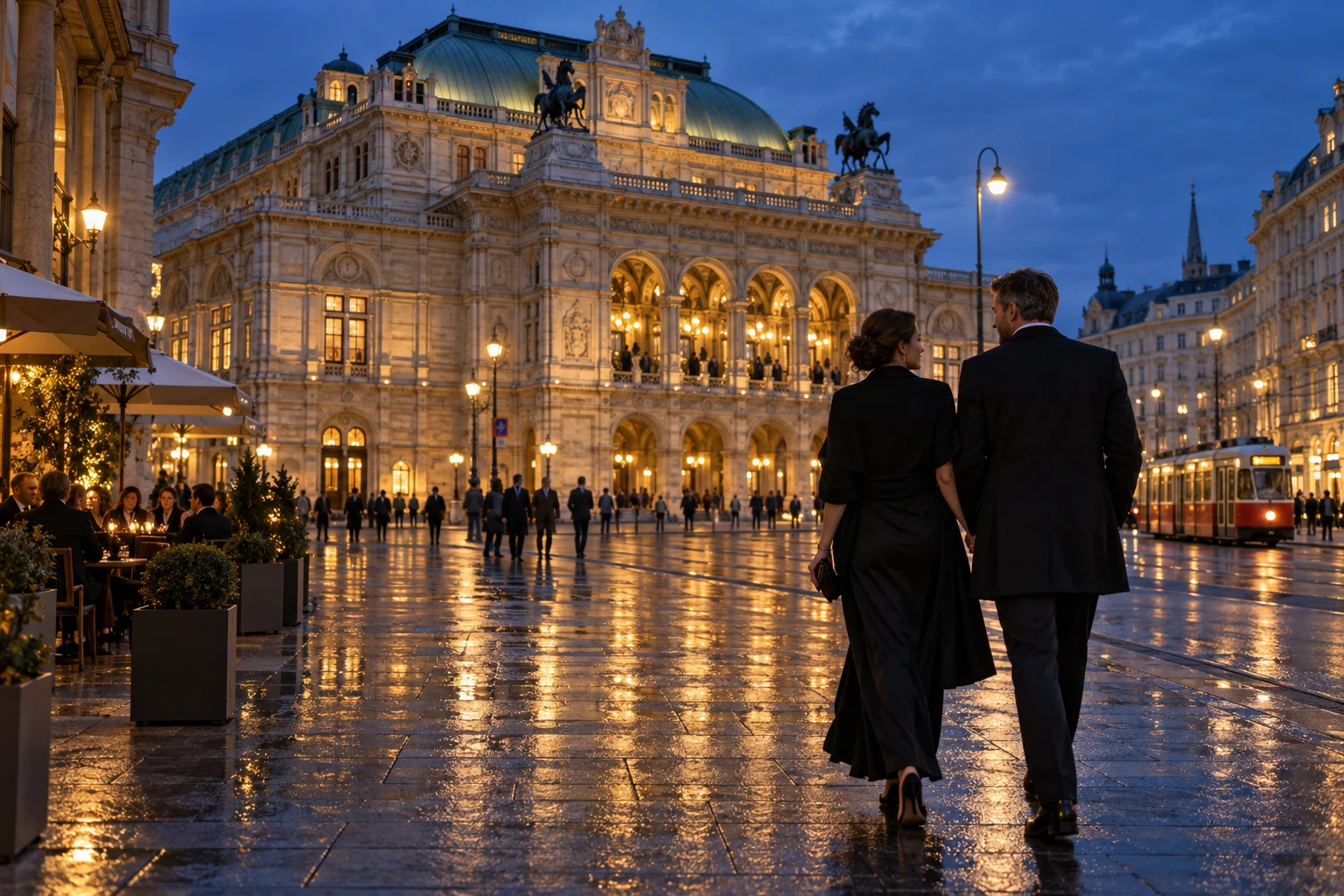A reimagined Viennese evening with an adult couple in front of illuminated architecture